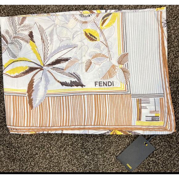 Fendi Scarf Logo & Floral Print 100% Silk Yellow Browns & White Scarf NWT - Picture 1 of 6